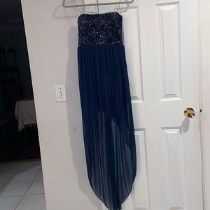 Blue high low strapless sequin dress